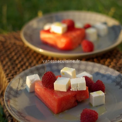 recette de Pastèque et feta aux framboises