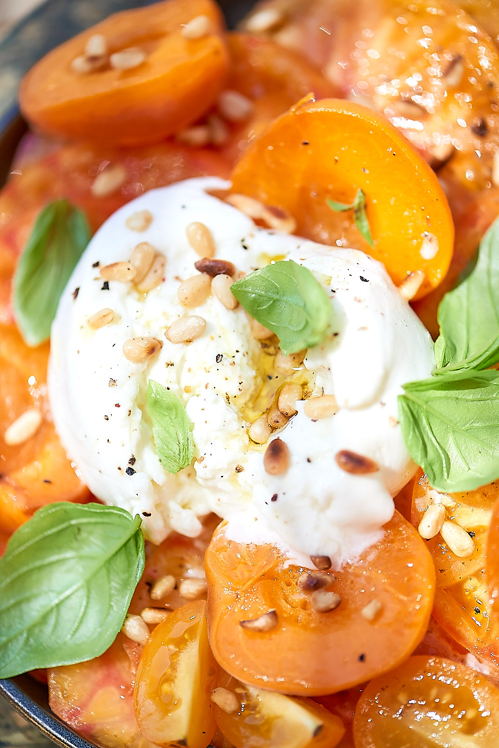 photo culinaire de Salade de tomates et abricots rôtis à la burrata